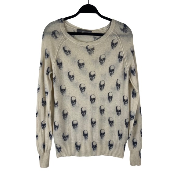 360 Cashmere Sweaters - 360 Cashmere Skull Print Sweater Cream Charcoal 100% Cashmere Pullover 20166 M